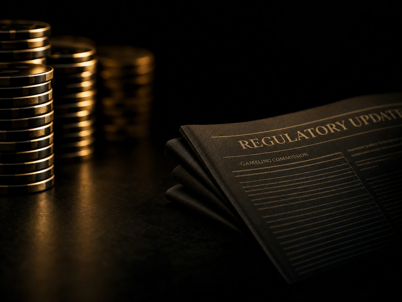 Stacked casino chips beside a folded regulatory-update bulletin on a dark desk, lit in gold